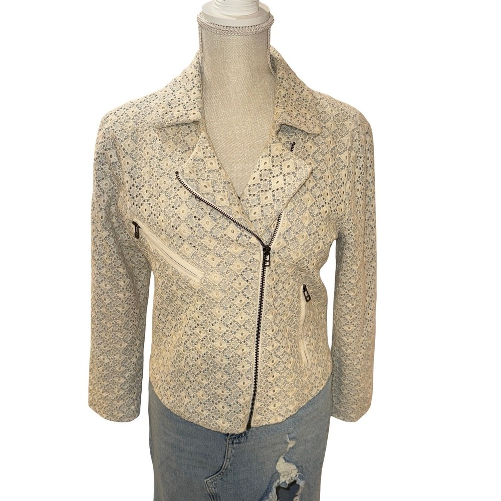 Dolan Moto Jacket Womens Medium Cream Blue Eyelet Lace Cotton Biker Zip - Picture 11 of 12